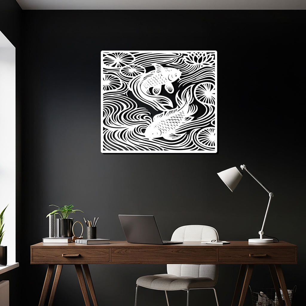 Koi Fish Metal Wall Art – Geometric Pond Design, Minimalist Decor