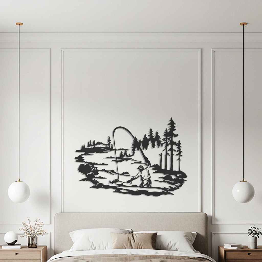 Fishing Metal Wall Art, Rustic Cabin Lake Scene Silhouette