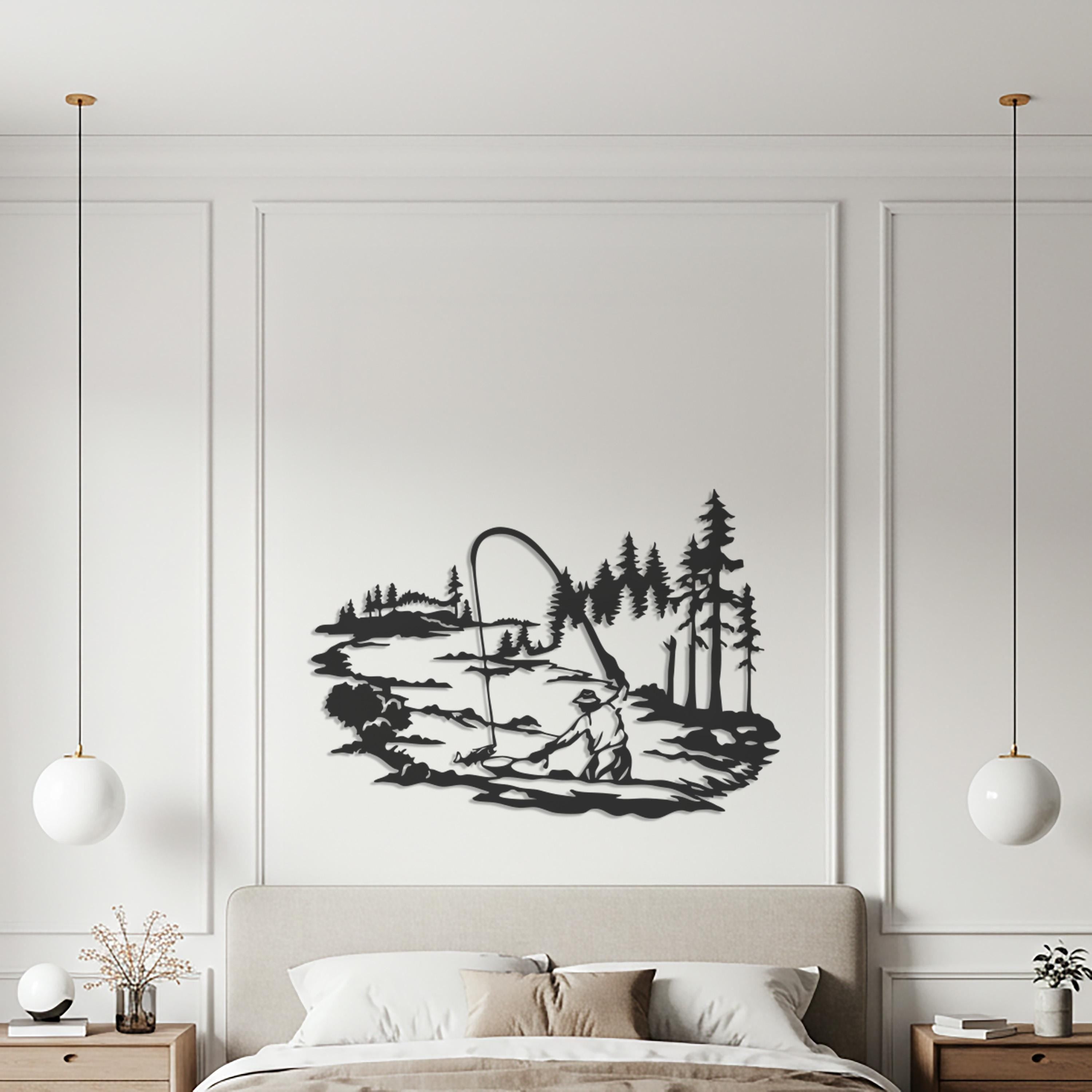 Fishing Metal Wall Art, Rustic Cabin Lake Scene Silhouette