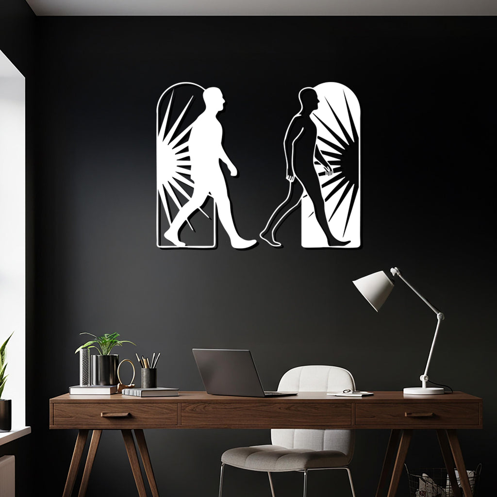Minimalist Walking Figures Metal Wall Art – Sunburst Silhouette Decor