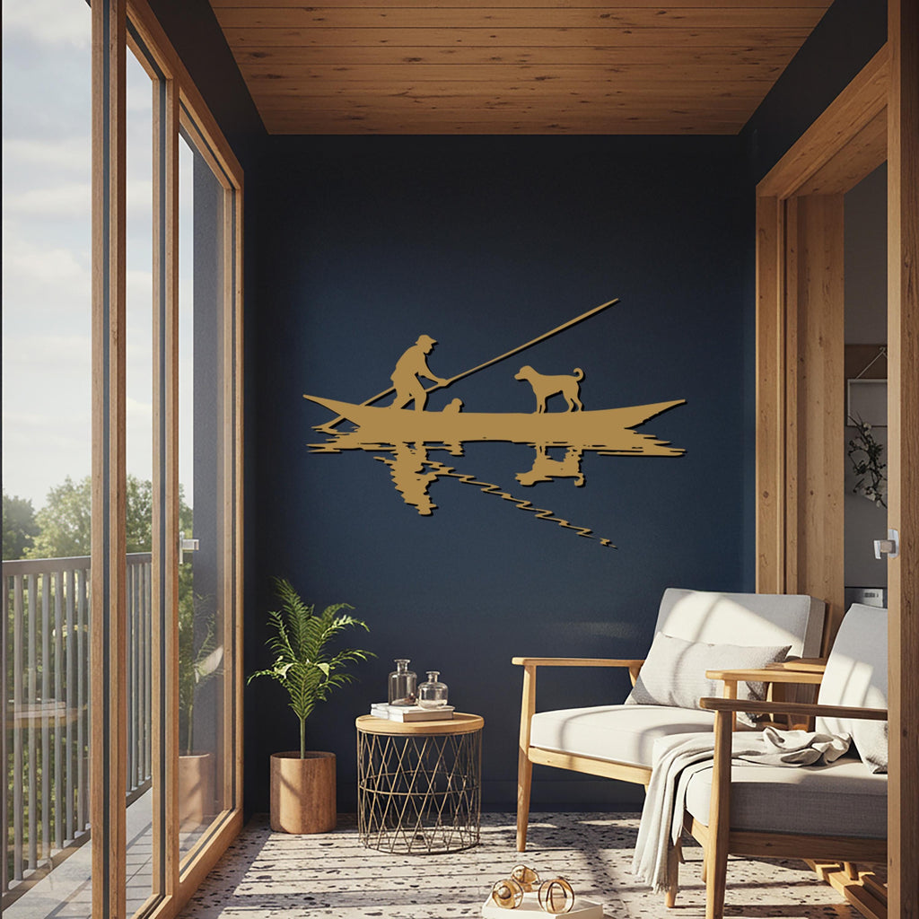 Metal Fishing Boat Wall Art – Fisherman and Dog Silhouette Decor