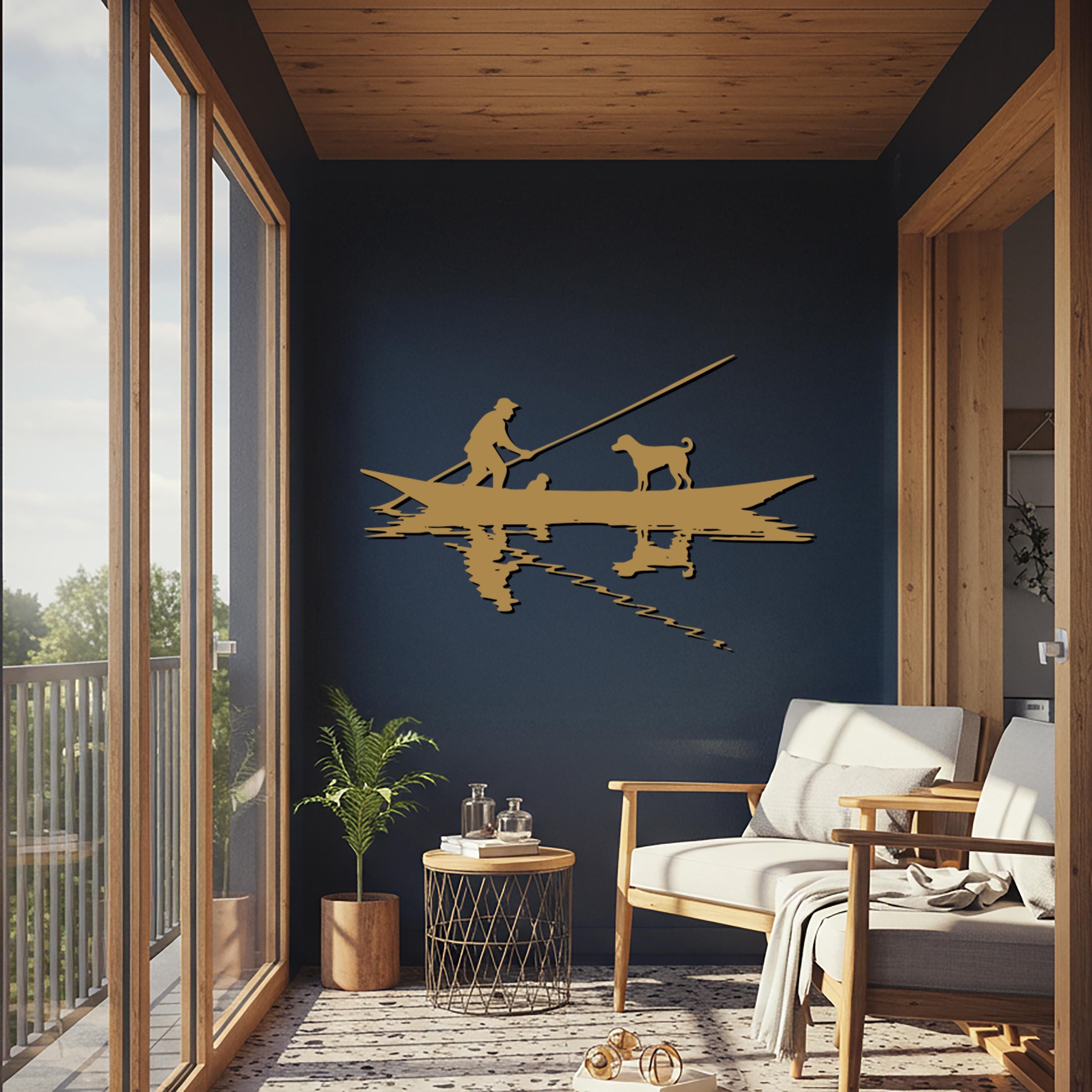 Metal Fishing Boat Wall Art – Fisherman and Dog Silhouette Decor