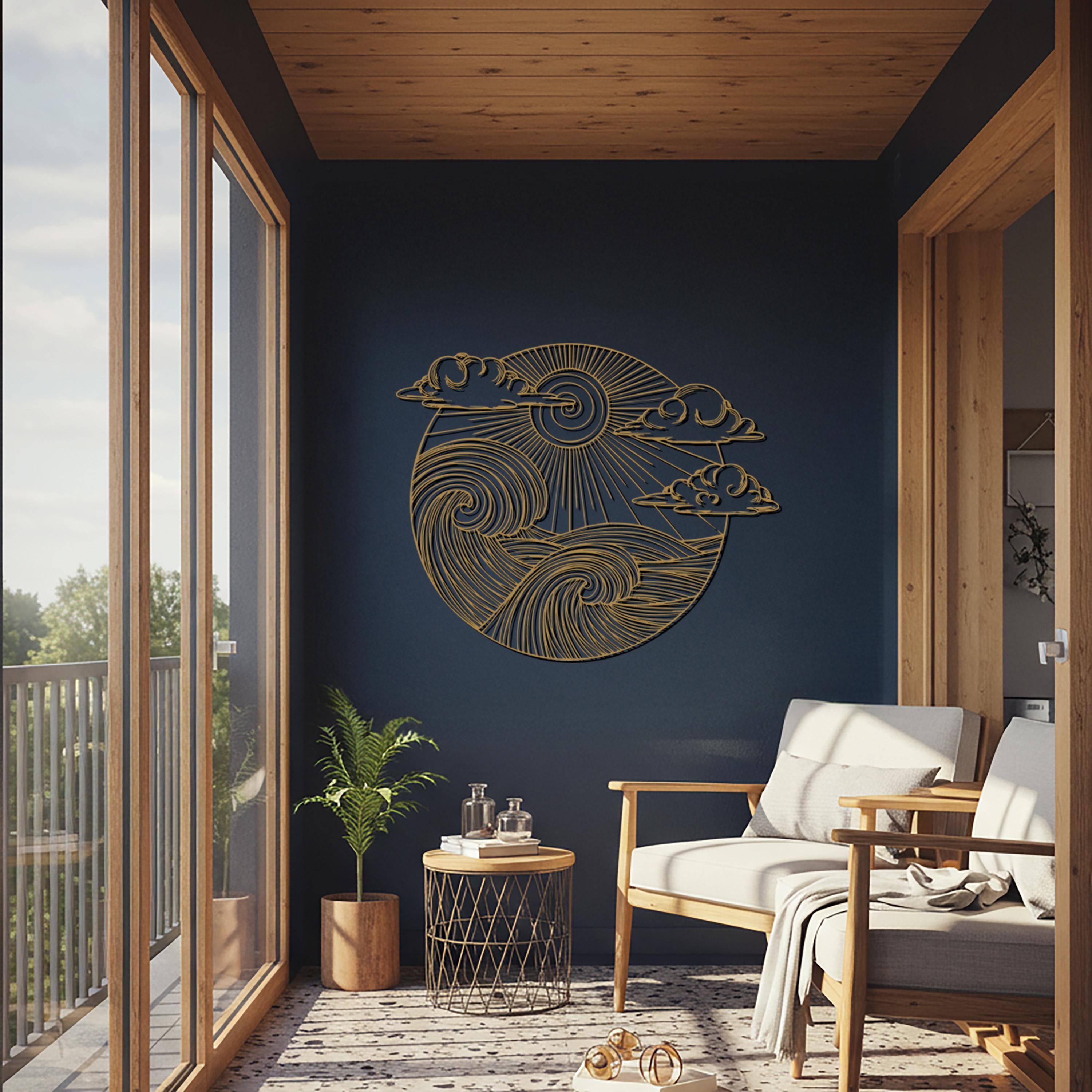 Ocean Waves & Sun Metal Wall Art, Round Seascape Sculpture