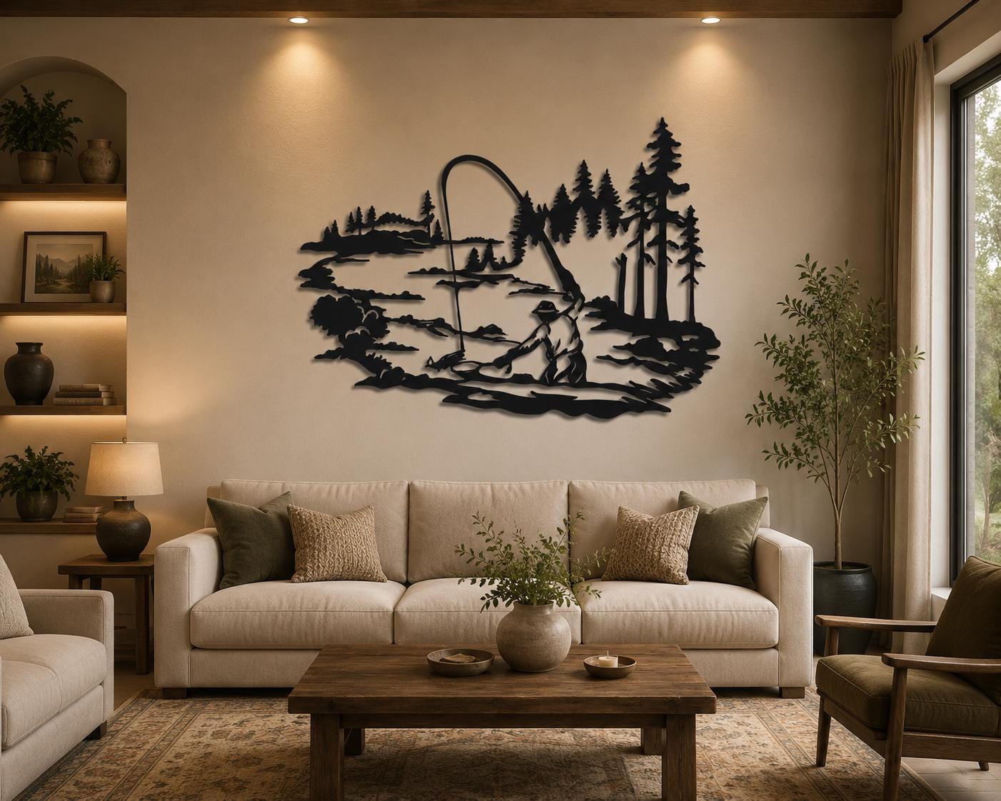 Fishing Metal Wall Art, Rustic Cabin Lake Scene Silhouette