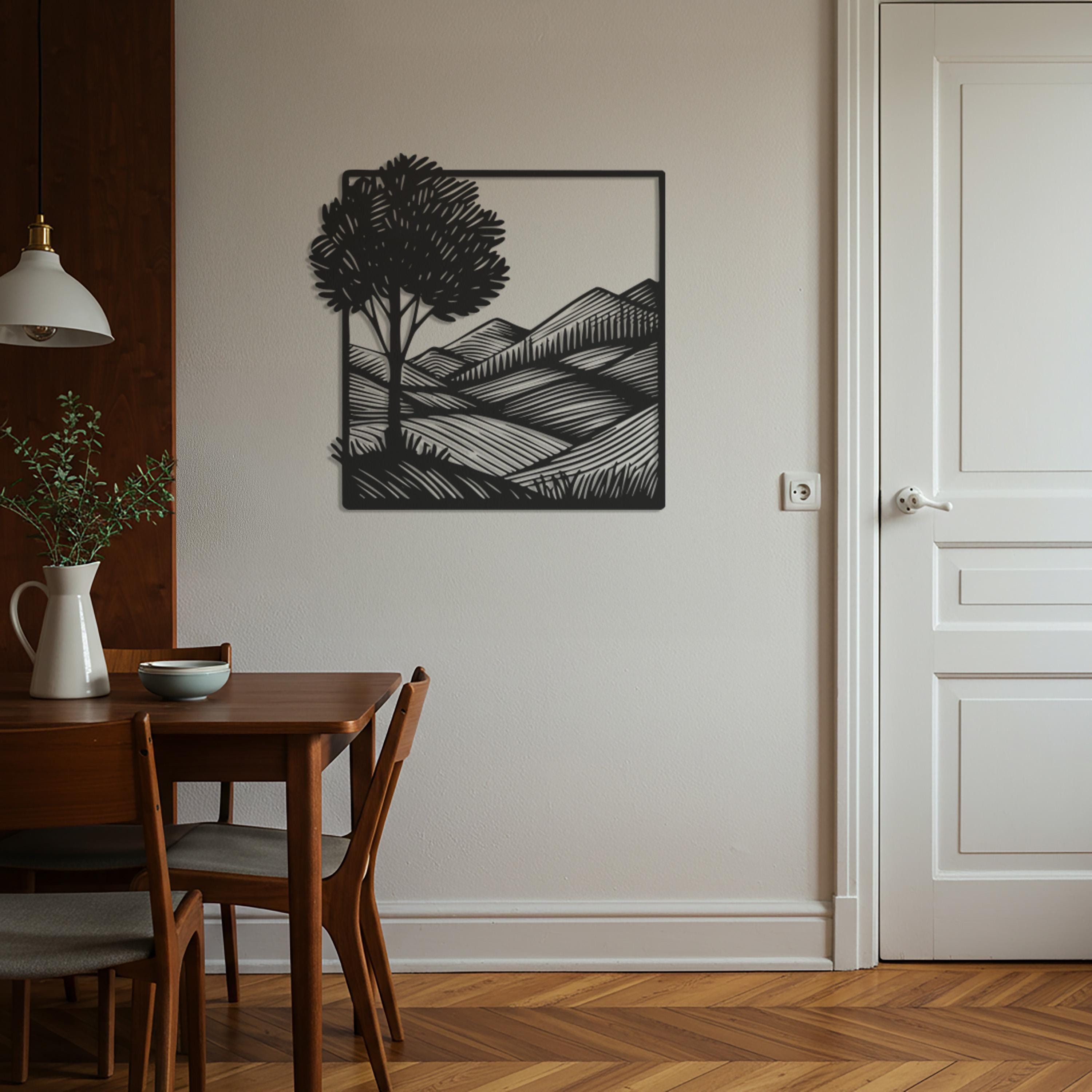 Tree and Mountain Metal Wall Art, Framed Minimalist Landscape Sculpture
