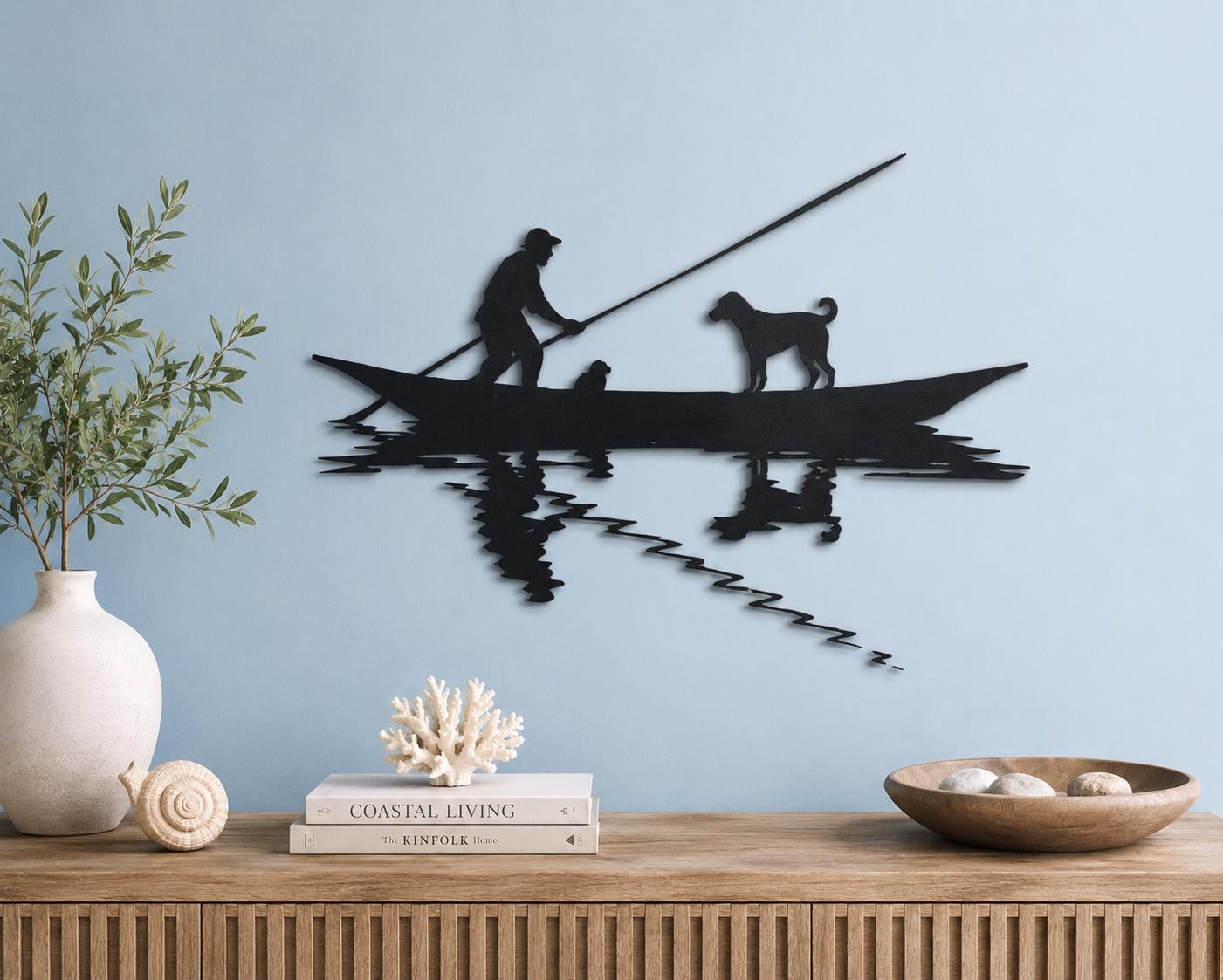 Metal Fishing Boat Wall Art – Fisherman and Dog Silhouette Decor